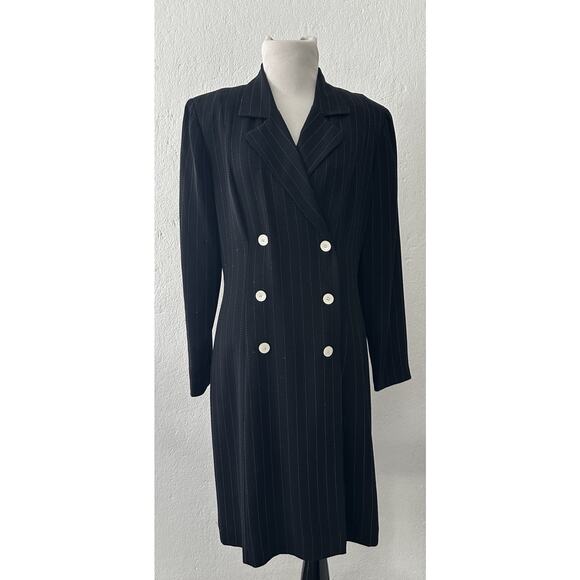 Brooks Brothers Jackets & Blazers - Vtg 90s Pin Stripe Power Suit Secretary Double Breasted Blazer Coat Dress Sz 10
